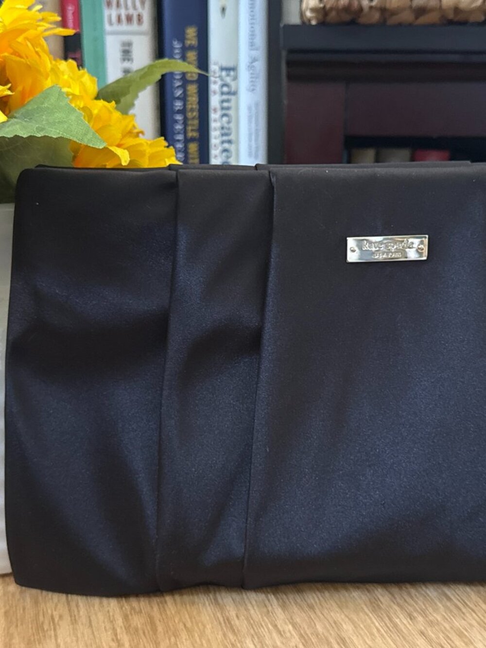 NWT Kate Spade New York April Wedding Belles Black Satin Clutch Evening Bag